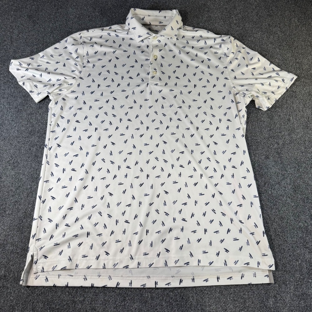 Johnnie-O Mens Large White Navy Surfboard Print Performance Golf Polo Shirt L